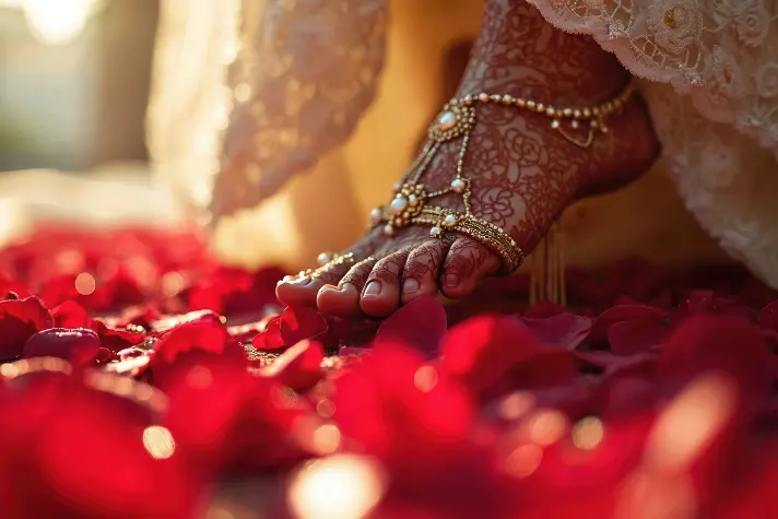 Bride's henna-decorated feet with a pearl anklet resting on rose petals