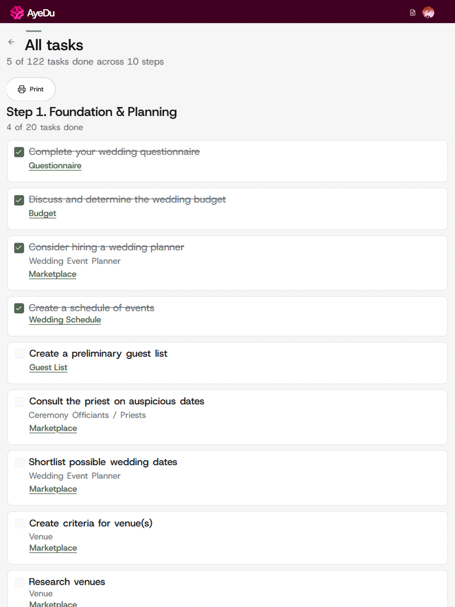 AyeDu planning checklist: 122 tasks across 10 steps, each linked to the tool that completes it
