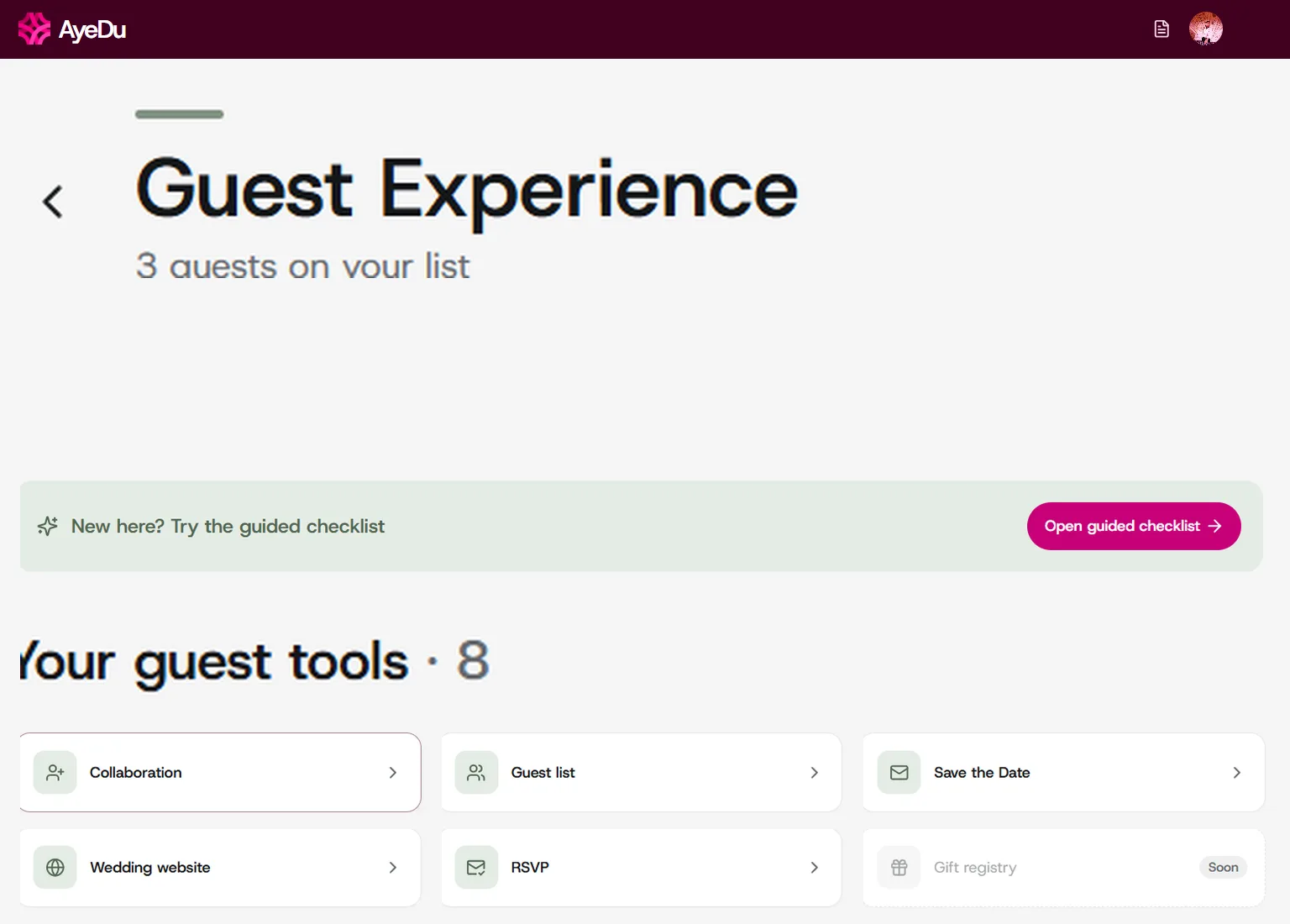 AyeDu guest experience hub: guest list, save the dates, website, RSVP, travel desk and follow-up emails