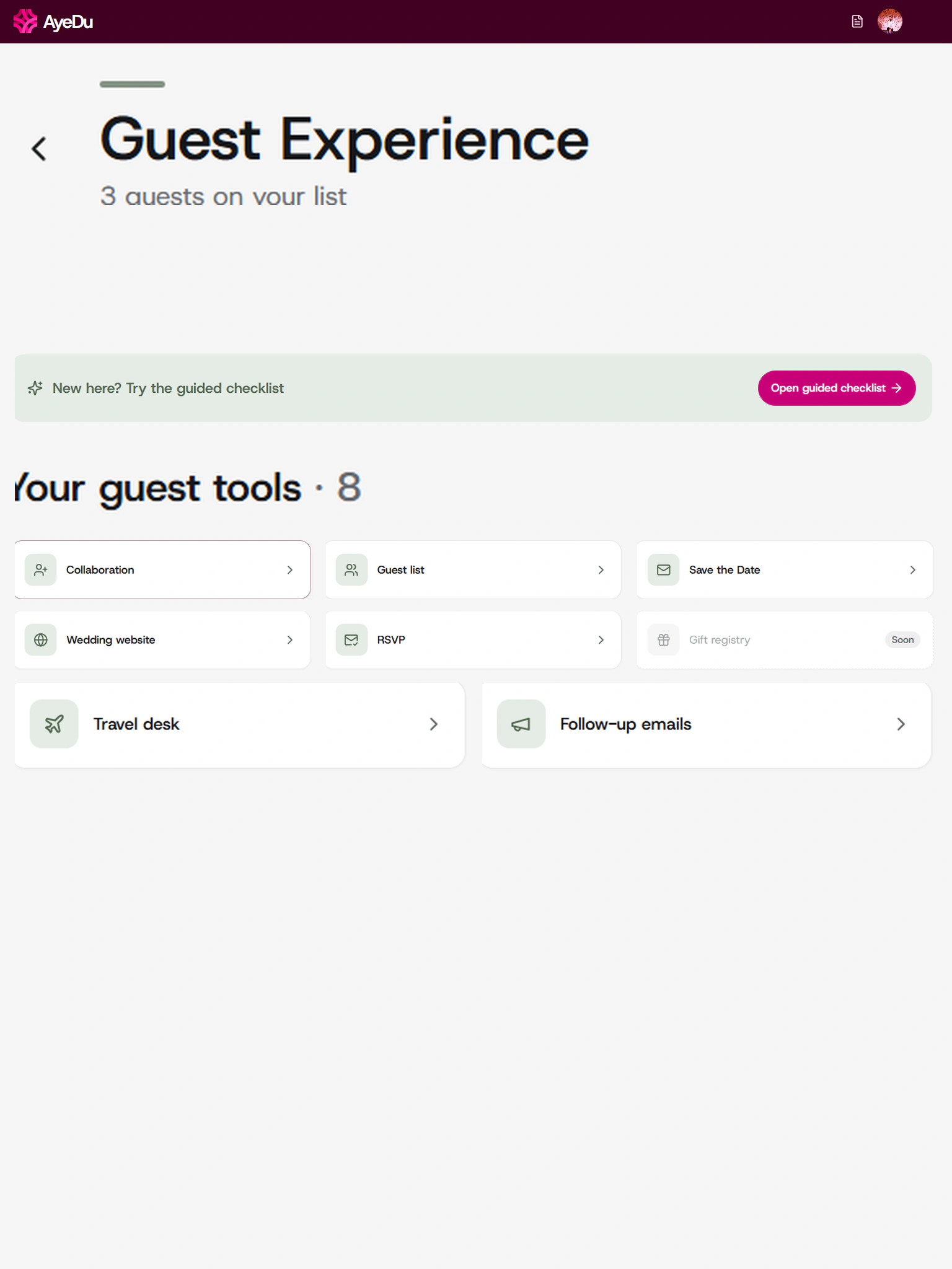 AyeDu guest experience hub: guest list, save the dates, website, RSVP, travel desk and follow-up emails