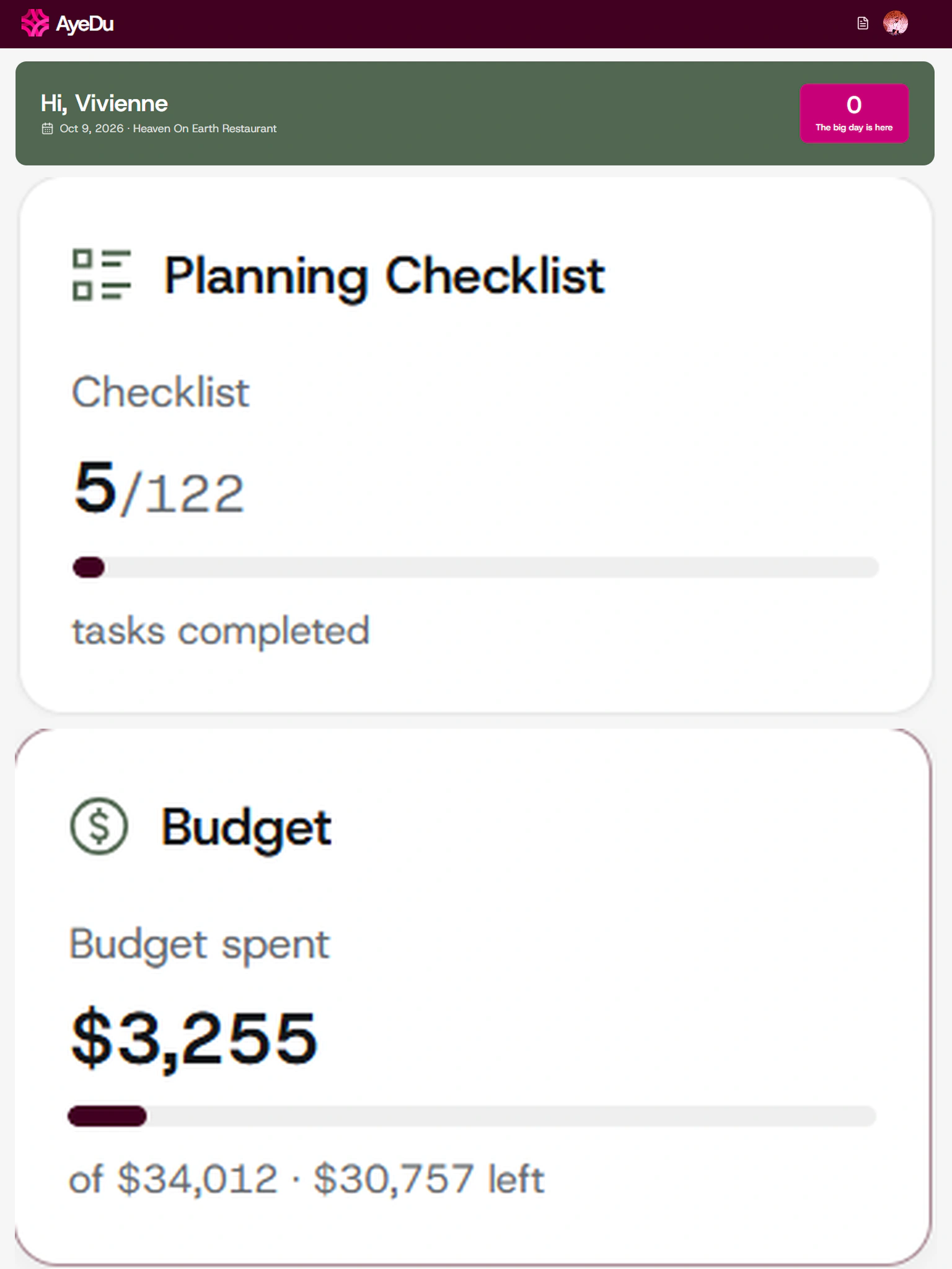 AyeDu home: the planning checklist, budget, payments, vendors and guests in one plan