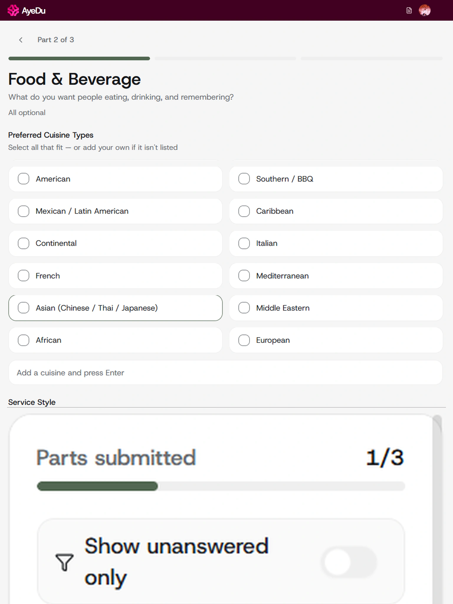 AyeDu wedding questionnaire: the food and beverage part of the brief couples send to vendors