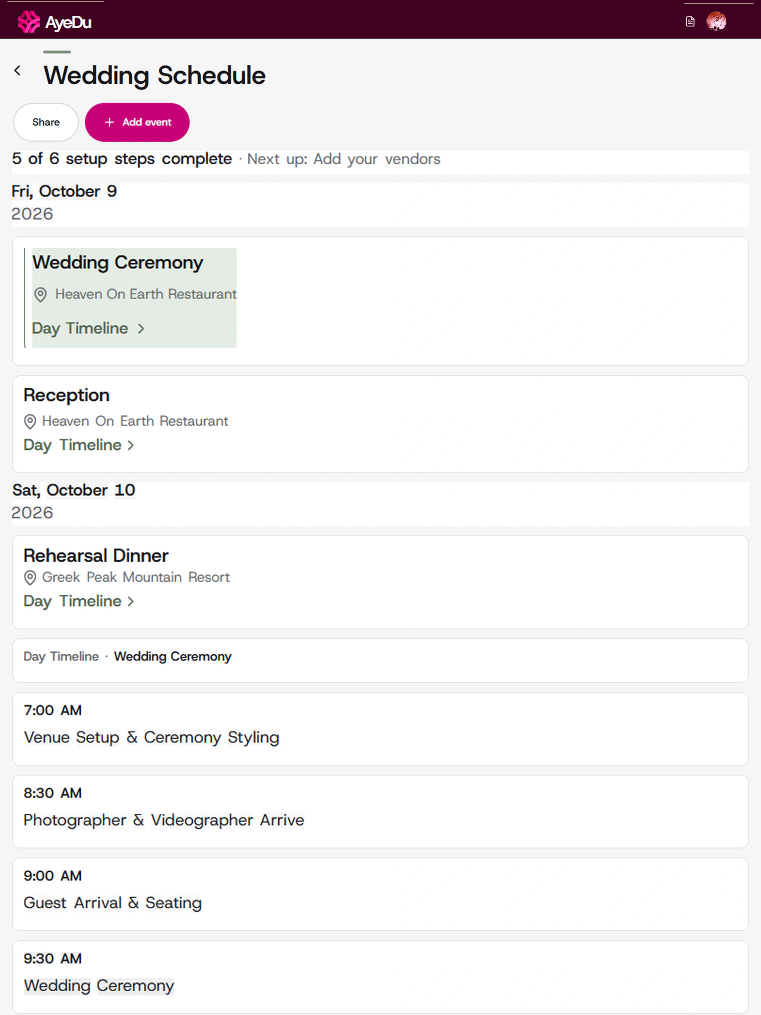 AyeDu wedding schedule: every event across the days of the wedding, each with its own day timeline